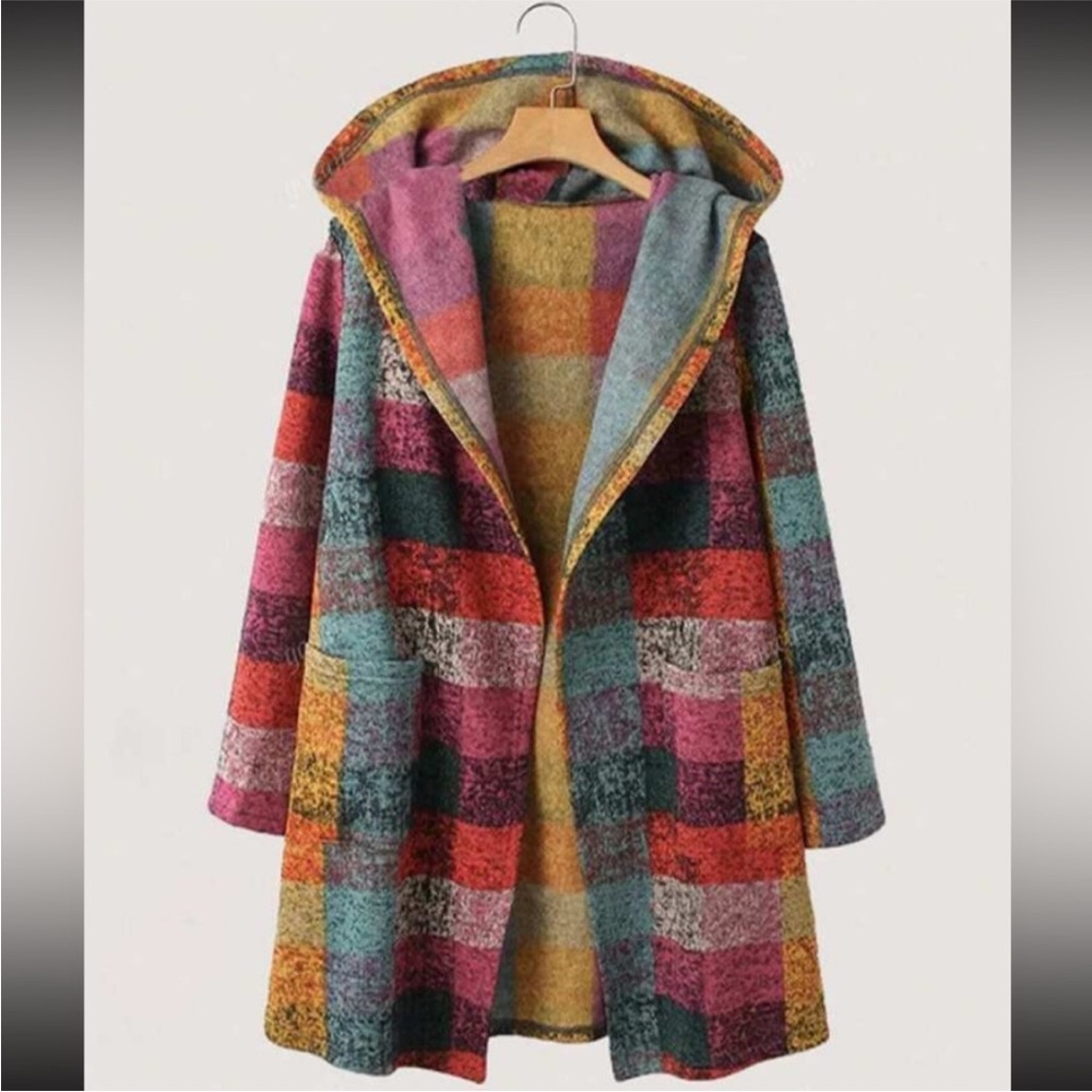 Luxe Plus Plaid Checkered Long Sleeve Pocket Knit Hoodie Sweater Brushed